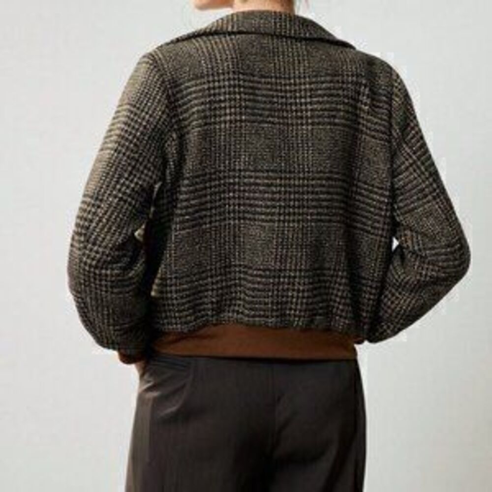 Brown Elegant Women's Plaid Woven Turndown Collar Sleeve Buttoned Jacket - Picture 2 of 3